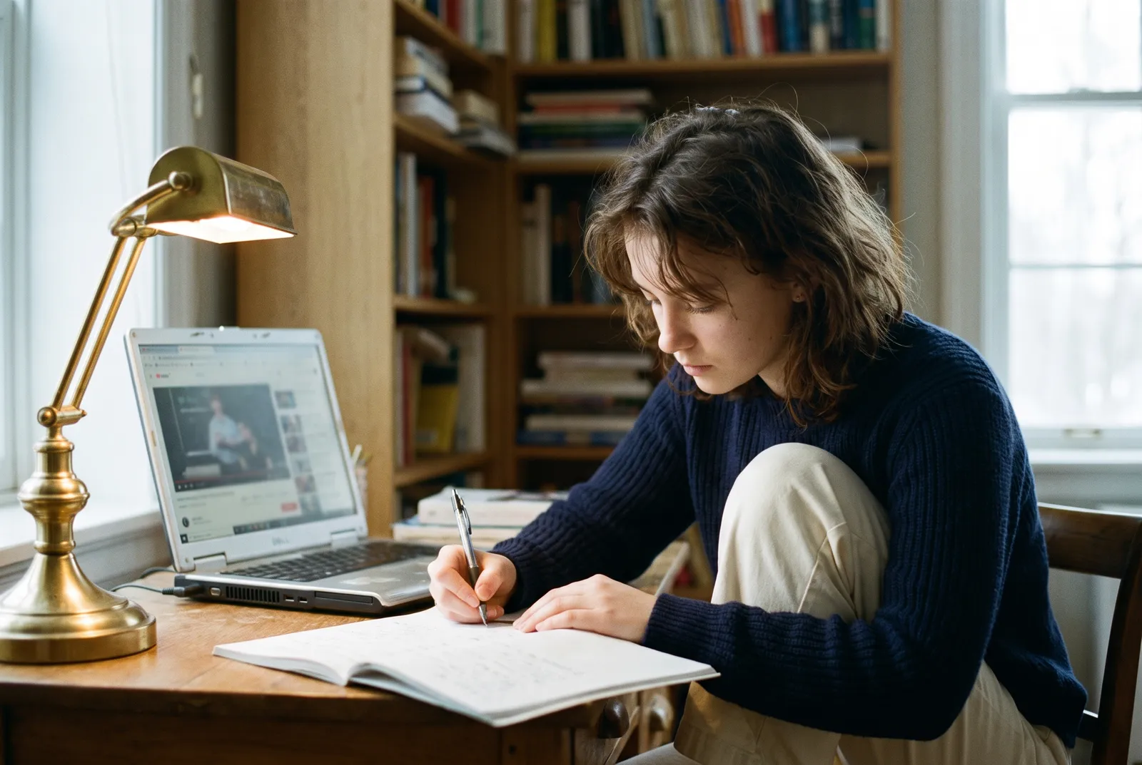 A student writing notes beside a laptop while working through an online lesson